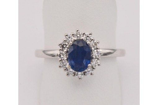 Ring mit Safir Saphir 0,80 ct 12 Brillanten 0,25 ct in 18 Kt 750 Gold 55 Edel