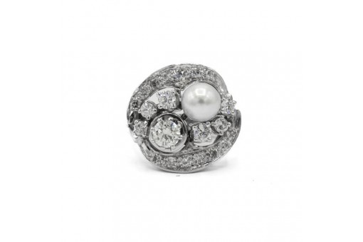 Ring mit Perle und Diamanten Brillanten Art Déco in 14 Kt. 585 Gold Gr. 53