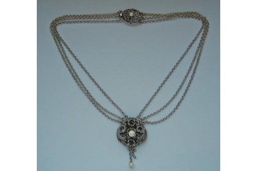 Collier Kropfkette 3-reihig 835 Silber mit Perlen & Granat Tracht Kette 38,5 cm.
