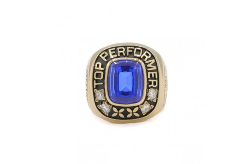 College Ring mit Brillanten 0,35 ct. und blauem Stein 1991 in 10 Kt. Gold Gr. 56