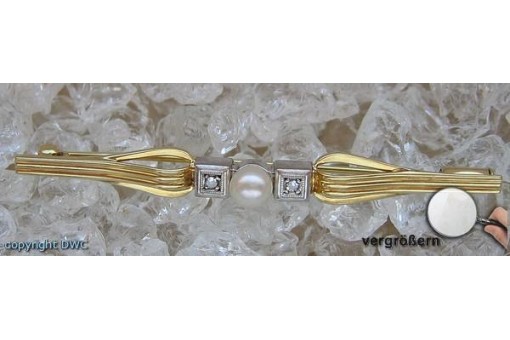 Ansteck Nadel Brosche in 14 Kt 585 er Gold Anstecknadel mit Perlen Diamanten 