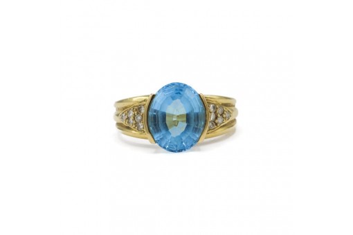 Ring mit Blautopas und 12 Brillanten Diamanten 0,12 ct. in 18 Kt. 750 Gold Gr 59