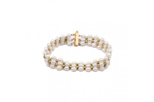 Armband mit Perlen 3- reihig Schließe und Kugeln in 14 Kt. 585 Gold 18 cm
