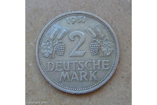 Münze 2 Mark BRD 1951 G Trauben und Ähren J 386  Cu - Ni  Münzen Sammlerstük