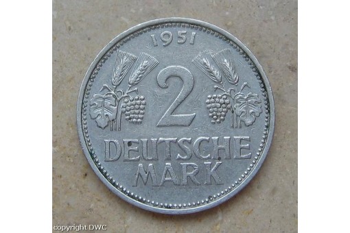 Coin Münze 2 DM Trauben und Ähren 1951 F Cu.Ni. Jäger 386 Nr. 9267 Sammlerstück