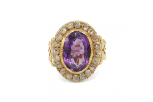 Ring mit Amethyst und 20 Diamantrosen 18 Kt. 750 Gold antik Gr. 57 Sammlerstück