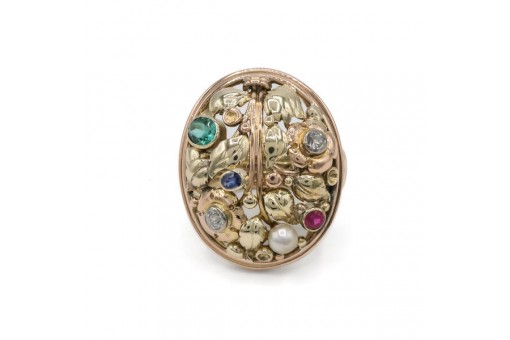 Gemüsering mit Edelsteinen Diamanten und Perle 585 Gold Gr. 52 Sammlerstück