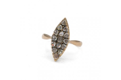 Ring Schiffchenring antik mit 15 Diamantrosen in 585 Gold Gr. 56 Sammlerstück