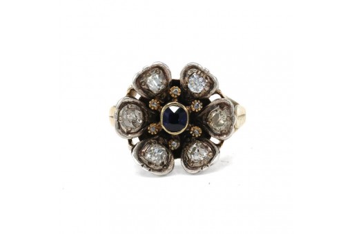 Ring mit Safir und Altschliffdiamanten in 14 Kt. 585 Gold antik 56 Sammlerstück