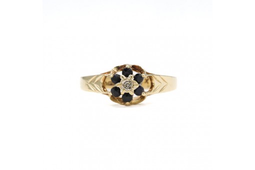 Ring mit Safiren und Diamant Birmingham um 1850 375 Gold Gr. 56 Sammlerstück