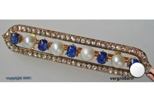 Ansteck Nadel Brosche 18 kt 750 Gold Dimanten Perlen mit Safir Sammlerstück