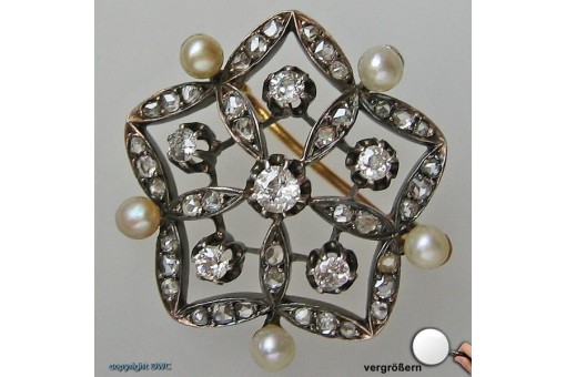 Brosche Nadel Pin mit 18 kt. 750 Gold Perlen Diamanten Sammlerstück