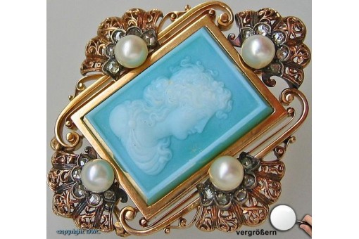 Brosche Pin 18 Kt 750 Gold Biedermeier mit Diamanten Gemme Türkis Sammlerstück