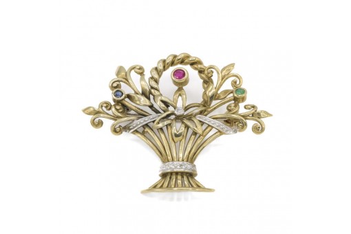 Brosche Nadel mit Safir und Diamanten in 14 Kt. 585 Gelbgold Sammlerstück