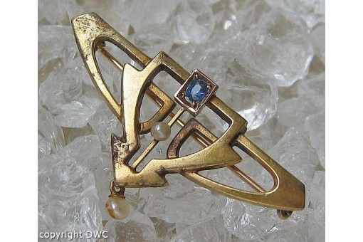 Nadel Brosche mit Saphir Safir Perle 14 Kt. 585 Gold Jugendstil Sammlerstück