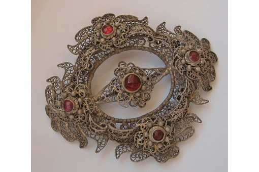 Brosche Haarspange in 13 Lot Silber mit Granate Tracht antik Sammlerstück