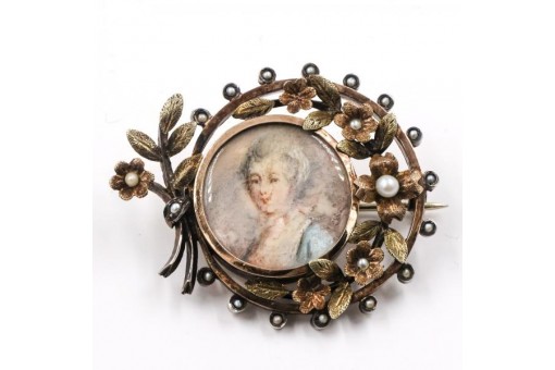 Brosche Jugendstil Miniaturmalerei Portrait mit Perlen Silber Sammlerstück