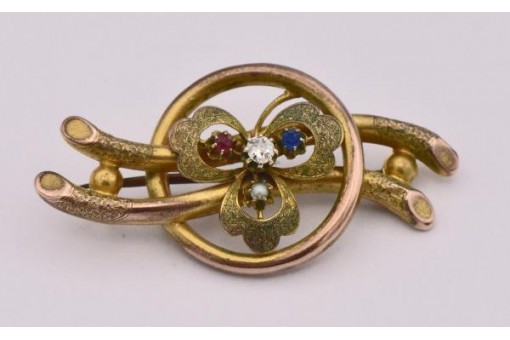 Brosche Rubin Safir Perle Altschliffdiamant 0,06 ct. antik brooch Sammlerstück