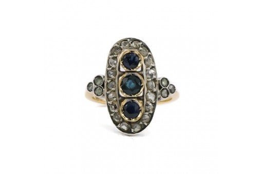 Ring mit Safiten und Diamanten in 18 Kt. 750 Gelbgold antik Gr. 50