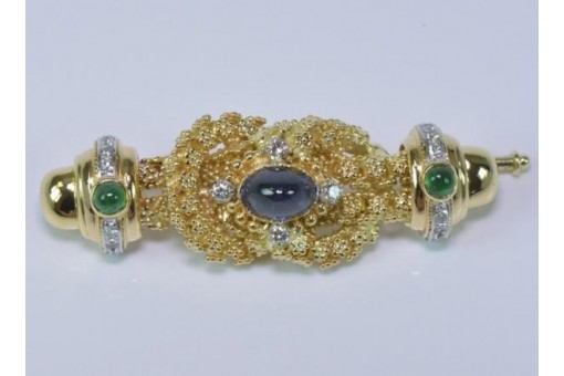 Brosche Nadel mit Safir Smaragd Brillanten diamanten 750 18 kt. Gold 