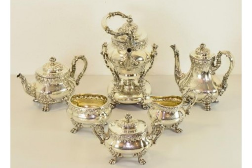 Kaffee Tee Service T.B. Starr New York 925 Silber antik 6,3 kg Stövchen RAR 