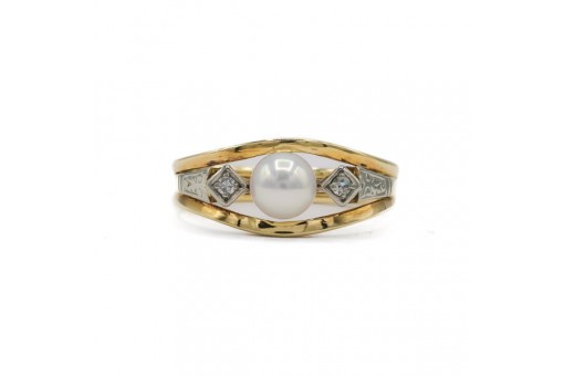 Ring mit Perle und 2 Diamanten in 14 Kt. 585 Gelbgold Gr. 58