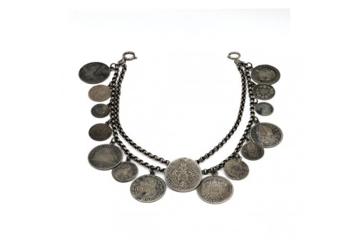 Münzcharivari Erbskette mit 15 antiken Silbermünzen Tracht 36 cm Sammlerstück