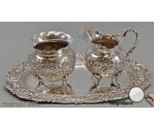Milch Zucker Kännchen Set Tablett 800 er Silber Antik Jugendstil Dose Dosen 