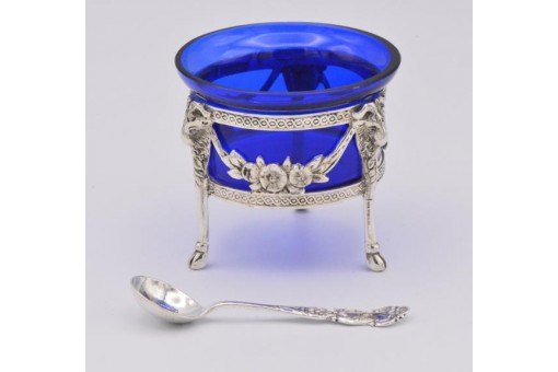 Gew&uuml;rzsch&auml;lchen mit blauem Glaseinsatz L&ouml;ffel Steinbock Blumen Sammlerst&uuml;ck