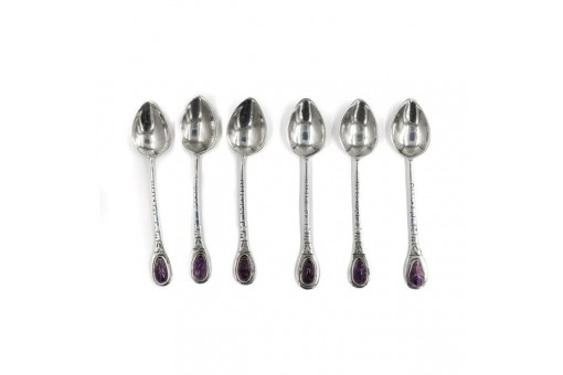 6 Mokkal&ouml;ffel mit Amethyst in 900 er Silber Moccal&ouml;ffel 9,8 cm top!