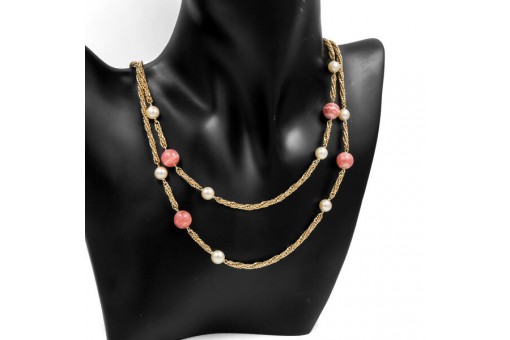 Kette Collier mit Rosenquarz und Perlen aus 585 14kt Gelbgold Pearl L&auml;nge 88 cm