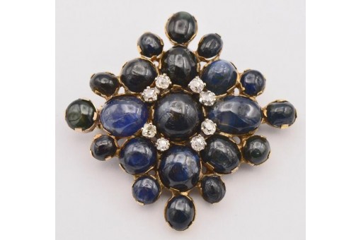 Brosche Ansteck Nadel mit Safire Diamanten in 14 Kt 585 Gold IHK Gutachten