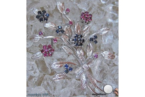 Brosche Nadel Brooch 18 Kt. 750 er Gold mit Rubin Safir Saphir 
