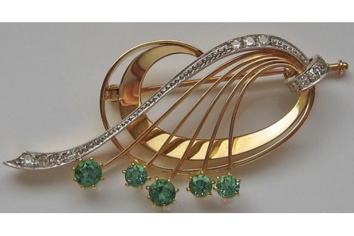 Nadel Brosche mit Turmalinen Brillanten Diamanten 18 Kt 750 Gold antik 