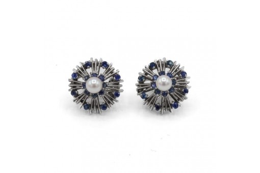 1 Paar Ohrringe Clips mit Perlen und Safiren in 18 Kt. 750 Wei&szlig;gold