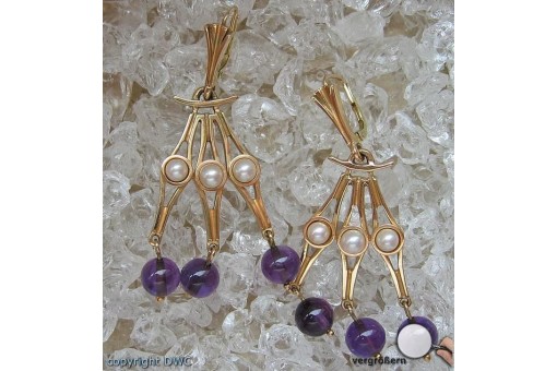 Ohrh&auml;nger Ohrstecker aus 14 Kt. 585 Gold mit Perlen Amethyste Ohrringe 