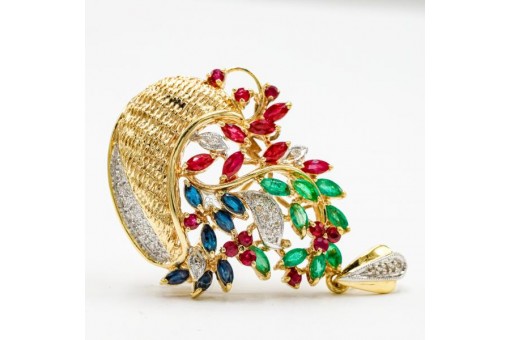 Anh&auml;nger Brosche mit Rubinen Safiren Smaragden Diamanten 14 Kt 585 er Gold 