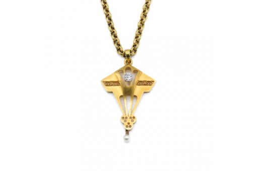 Anh&auml;nger mit Altschliffdiamant 0,20 ct und Perle an Erbsenkette 585 Gold 47,5cm