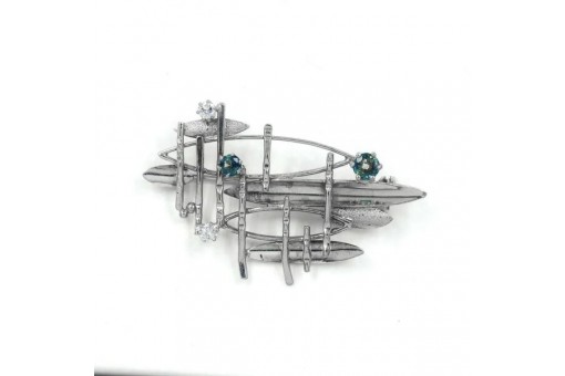 Brosche Nadel mit Safiren und Brillanten Diamanten in 14 Kt. 585 Wei&szlig;gold