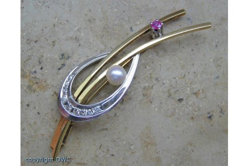 Ansteck Nadel Brosche mit Rubin Perle Brillant Diamant in 14 585 er Gold