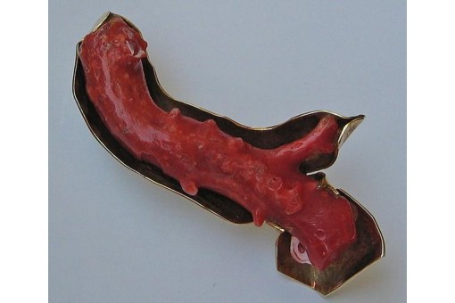 Brosche Nadel mit Koralle Coralle in 14 Kt. 585 Gold Korallenbrosche Pin