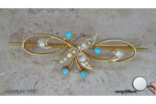Ansteck Nadel Brosche mit T&uuml;rkise Perle Perlen in aus 15 Kt Gold Sammlerst&uuml;ck