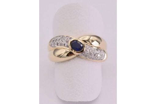 Ring mit Safir Saphir Brillanten Diamanten in 14 Kt. 585 er Gold Gr&ouml;sse 54 top!