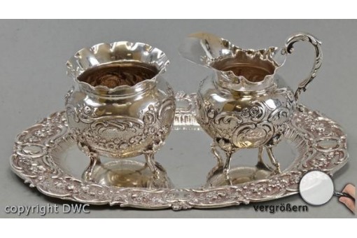 Milch Zucker K&auml;nnchen Set Tablett 800 er Silber Antik Jugendstil Dose Dosen 