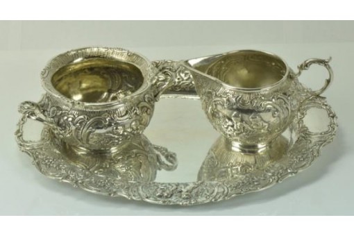 Service Milch Zucker k&auml;nnchen mit Tablett in 800 Silber WWH Jugendstil antik