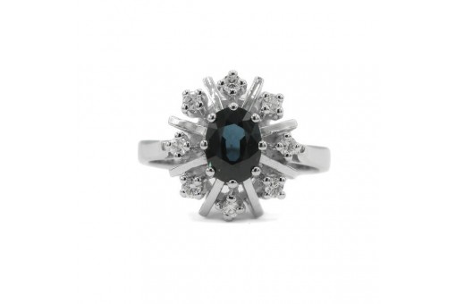 Ring mit Safir und 8 Brillanten Diamanten in 14 Kt. 585 Wei&szlig;gold Gr. 52