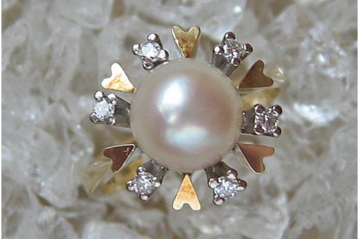Ring mit Perle Perlen Brillant Diamant in 14 Kt. 585 er Gold 51 top!