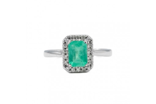 Ring mit  Smaragd und 18 Brillanten in 18 Kt. 750 Wei&szlig;gold Gr. 55