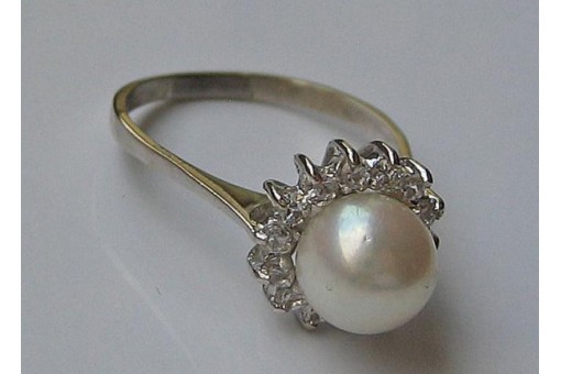 Ring mit Perle Diamant in 14 Kt 585 er Weiss Gold Gr&ouml;sse 58 Tracht Brillant