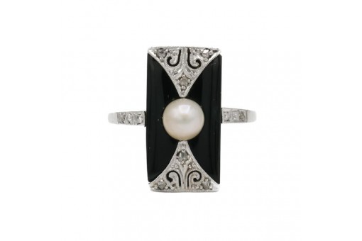 Ring mit Onyx Perle und Diamanten Art d&eacute;co in 18 Kt. 750 Gold Sammlerst&uuml;ck Gr.56